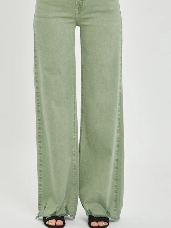 Risen Jeans Denim - Risen Olive Green denim, High-rise waist, wide leg jeans